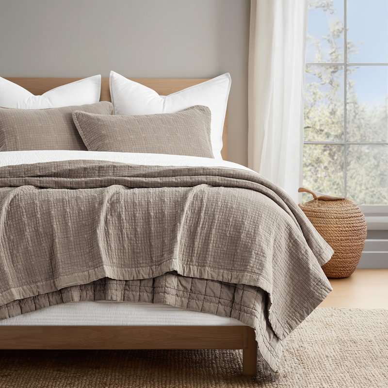 Stonewashed Crinkle Cotton Box Stitch Quilt Set, Queen Quilt + 2 Queen Shams, Truffle Taupe Brown