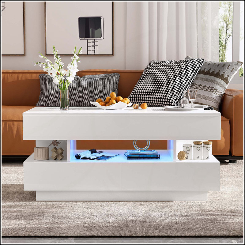 Table basse à plateau relevable avec 2 tiroirs, table multifonctionnelle avec compartiment caché et finition ultrabrillante pour le salon