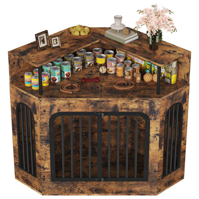 2-in-1 Corner Dog Crate Furniture with Arch Door, TV Stand & Side Table, Heavy-Duty Iron & Wood, 200 lbs Capacity,Brown