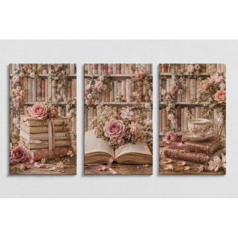 Grand ensemble de 3 romantiques livres sur toile, art mural Shabby Chic Cottagecore Library
