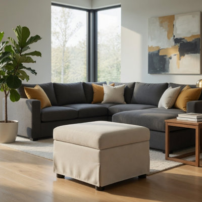 Repose-pieds de rangement moderne Jira, pieds noirs, revêtement beige, 24 po