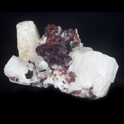 Spessertine Garnets, Black Tourmaline And Quartz On Albite - Shigar, Pakistan