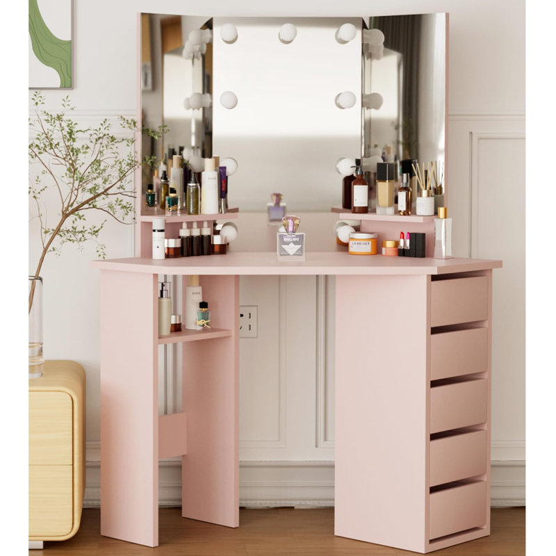 Oryon 56"x44" Corner Makeup Vanity with Lights, Vanity Desk with Mirror,10 LED Lights,5 Drawers, Pink