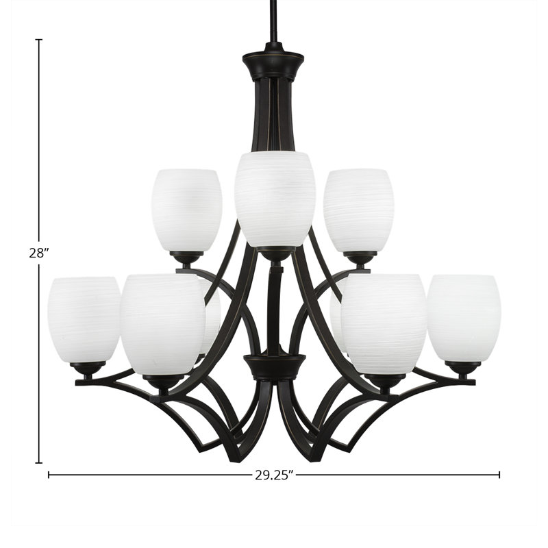 Lustre 9 lumières Zilo montré en finition granit foncé avec verre de lin Cayenne de 5 po, Blanc