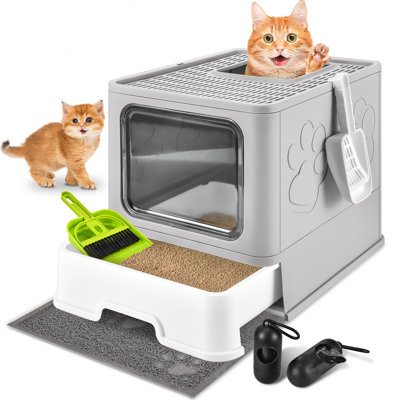 Extra Large Cat Litter Box With Mat, Plastic Standard Enclosed Litter Box , One-Way/ Free In& Out
