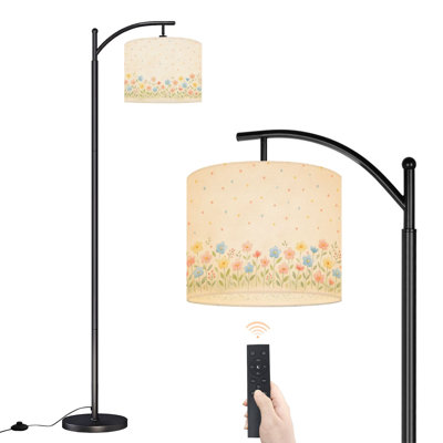 Lampe sur pied en arc Bouquet floral coloré dessiné à la main rose, bleu, jaune, fleurs, avec lampes DEL et télécommande, abat-jour réglables, grandes lampes pour la lecture, salon, bureau
