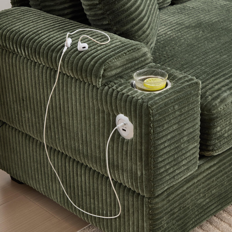 86.6" Upholstered Sofa Corduroy 3-Seater Sofa Deep Seat Couch With Movable Ottoman, Armrest Storage, USB And Cup Holder