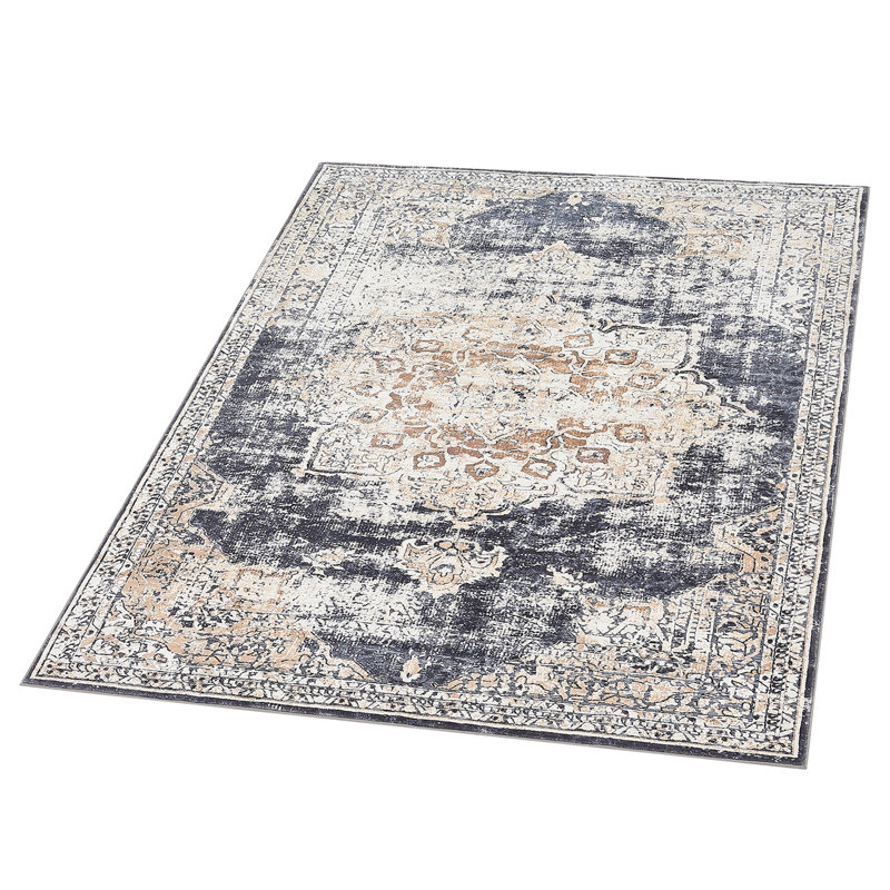 4'x6' Vintage Medallion Washable Area Rug, Non-Slip Thin Low Pile Carpet for Dining Room, Black, Rectangle 4' x 6'