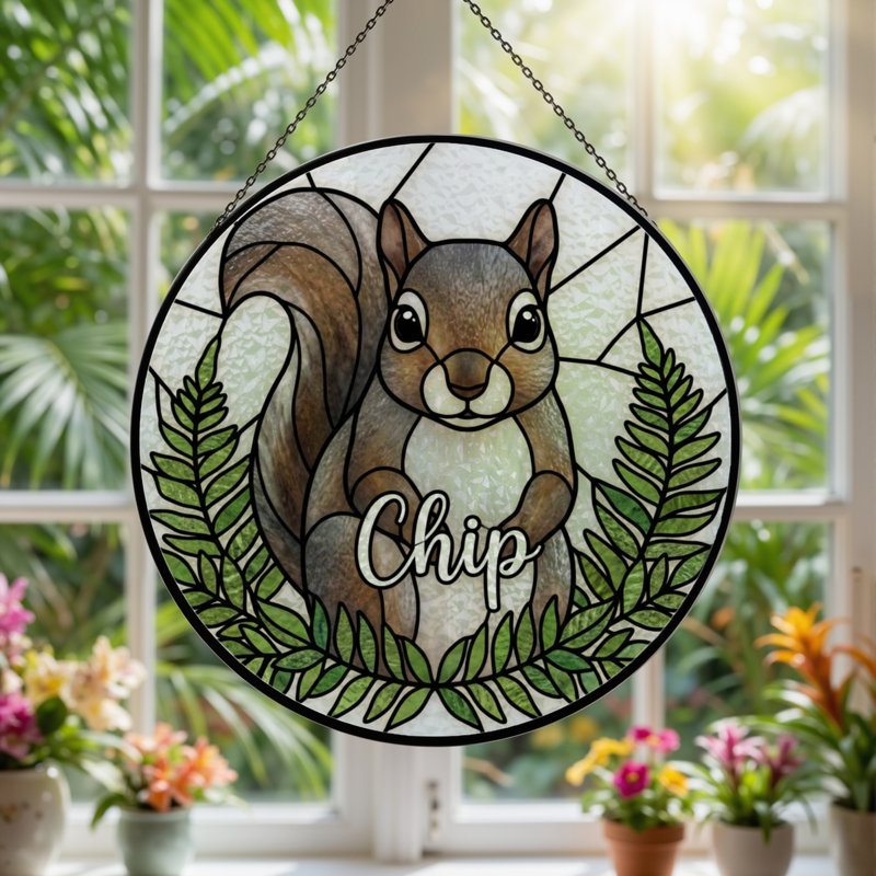 7.8"H Squirrel Fern Stained Glass Window Panel, 7.8" H x 7.8" W