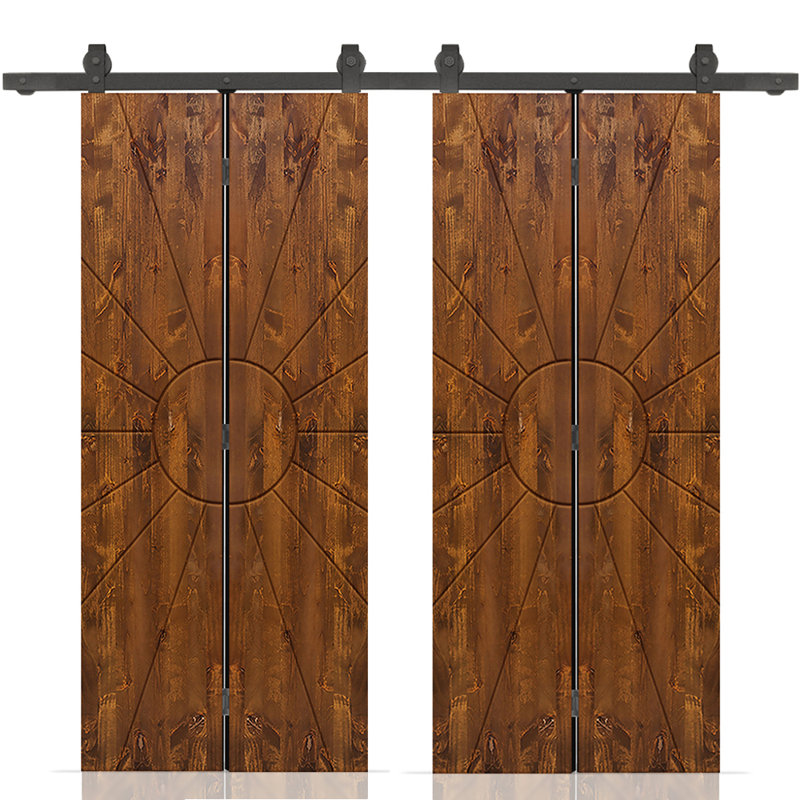Porte de grange double pliante en bois de pin teinté avec quincaillerie coulissante, Noyer, 64 po x 84 po