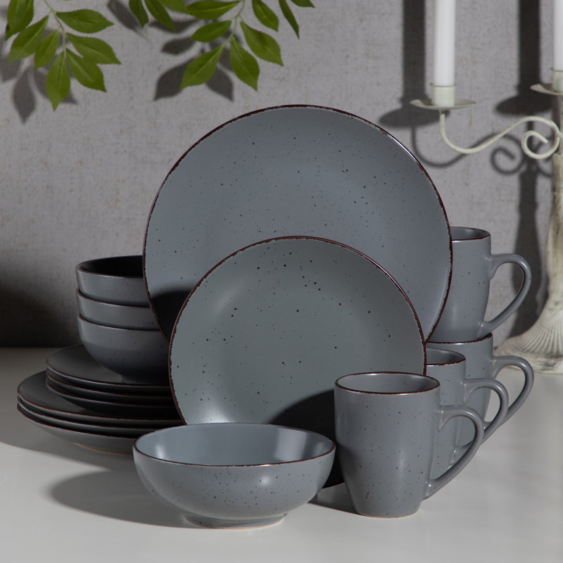 Service de table 16 pièces en grès, service pour 4 16 pièces, Gris