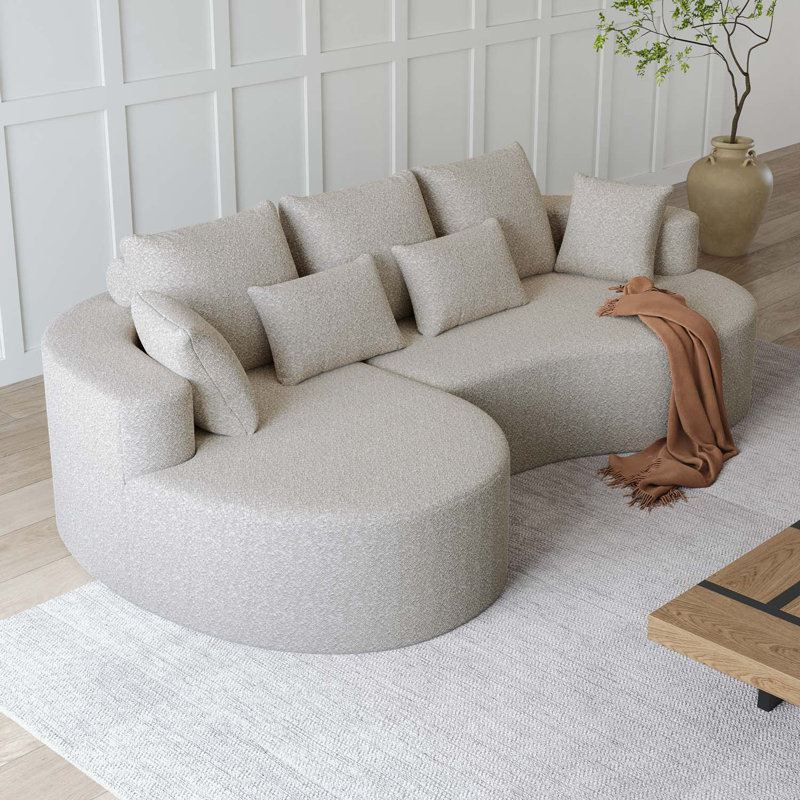 Canapé modulaire surdimensionné avec 7 coussins et méridienne Boneless, Chenille beige, Orienté à gauche (vu de face)