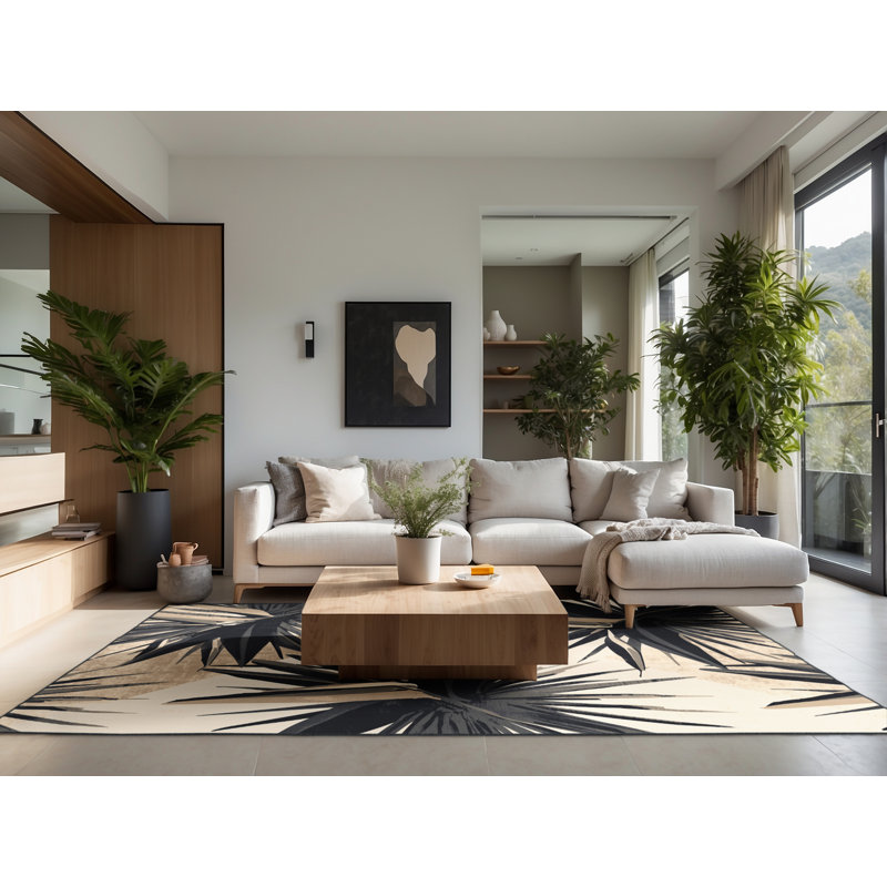 Tapis beige moelleux à motif d'étoiles tropicales moelleuses et froncées Heliconia, 2 pi x 3 pi