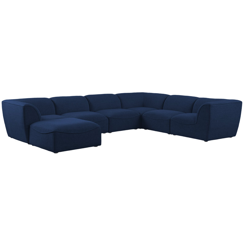 Calondra Upholstered U-Shaped Sectional with Ottoman Reversible, Navy Linen Textured Fabric