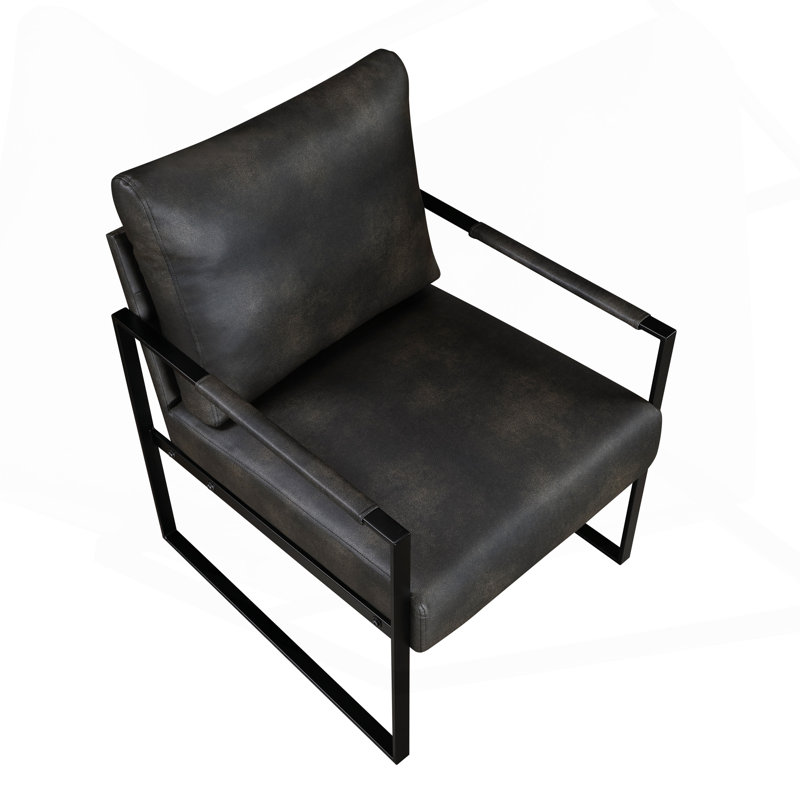 Fauteuil d'appoint rembourré de similicuir gris foncé, structure en métal noir, 1 pièce, confort, durabilité, élégance