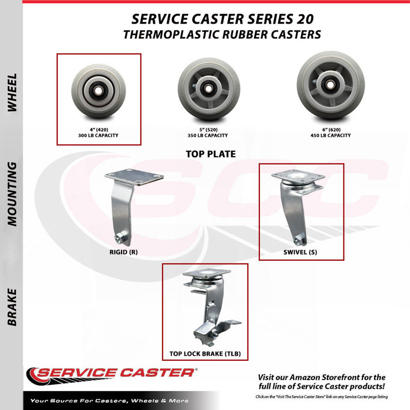 4 Inch Thermoplastic Rubber Swivel Caster Set with Roller Bearings 2 Brakes