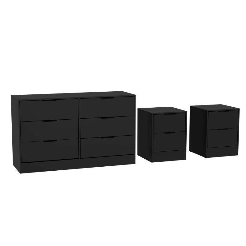 Ensemble de chambre à coucher moderne 3 pièces avec commode 6 tiroirs et 2 tables de chevet Maiesha, Noir