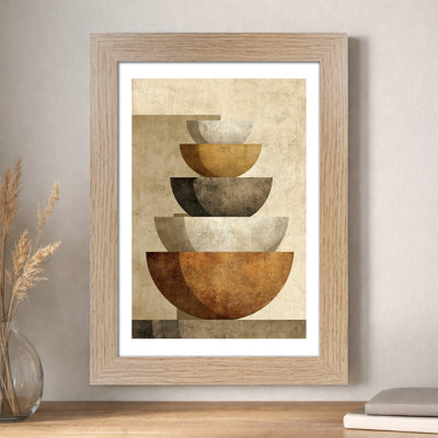Minimal Scandinavian Stacked Ceramic Bowl Abstract Wall Art - Home Decor Giclee Art Print On Fine Paper, Neutral Beige And Rust Palette - Print