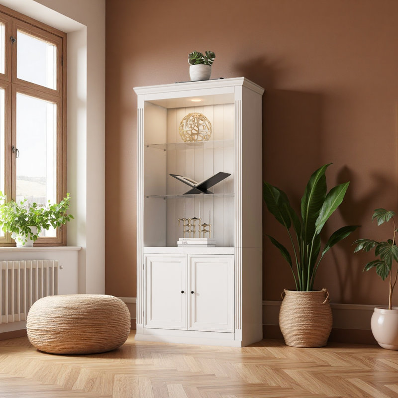 Vitrine de 78,75 po de hauteur avec bibliothèque 3 pièces avec plafonnier réglable à DEL 5 couleurs, tablettes de style rétro avec tablettes en verre trempé pour le salon, le bureau, le studio ou l'espace de travail