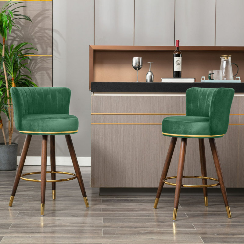 Pedra Swivel Velvet Bar Stools, Green