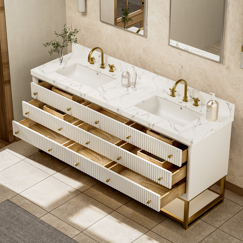 72 po X P 22 po P 35,4 po Meuble-lavabo simple H en blanc avec plateau en marbre blanc, Blanc, 72"