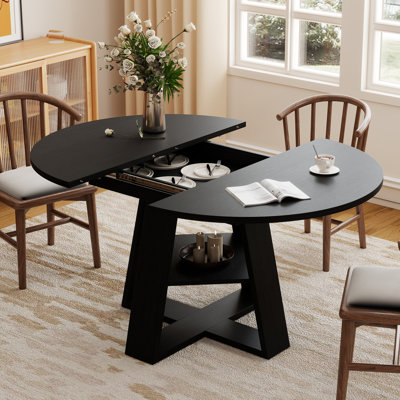 Extendable Round To Oval Dining Table Set For 4–6, Wooden Kitchen Table With Hidden Storage And Upholstered Chairs, Space-saving Dinner Table For Small Apartments