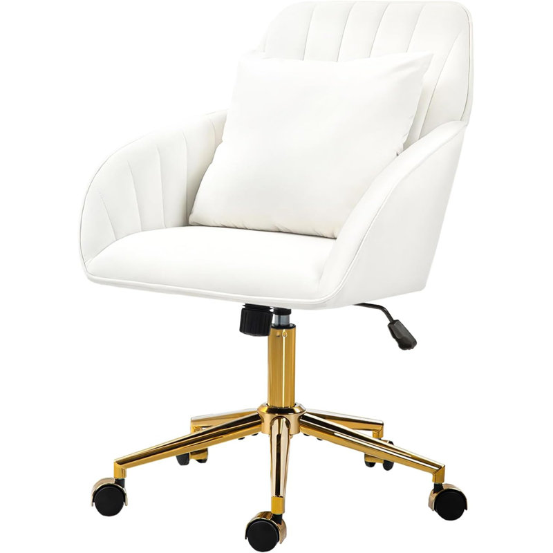 Fauteuil de coiffeuse pivotant en velours rose avec pieds et coussins dorés, Mélange de coton blanc