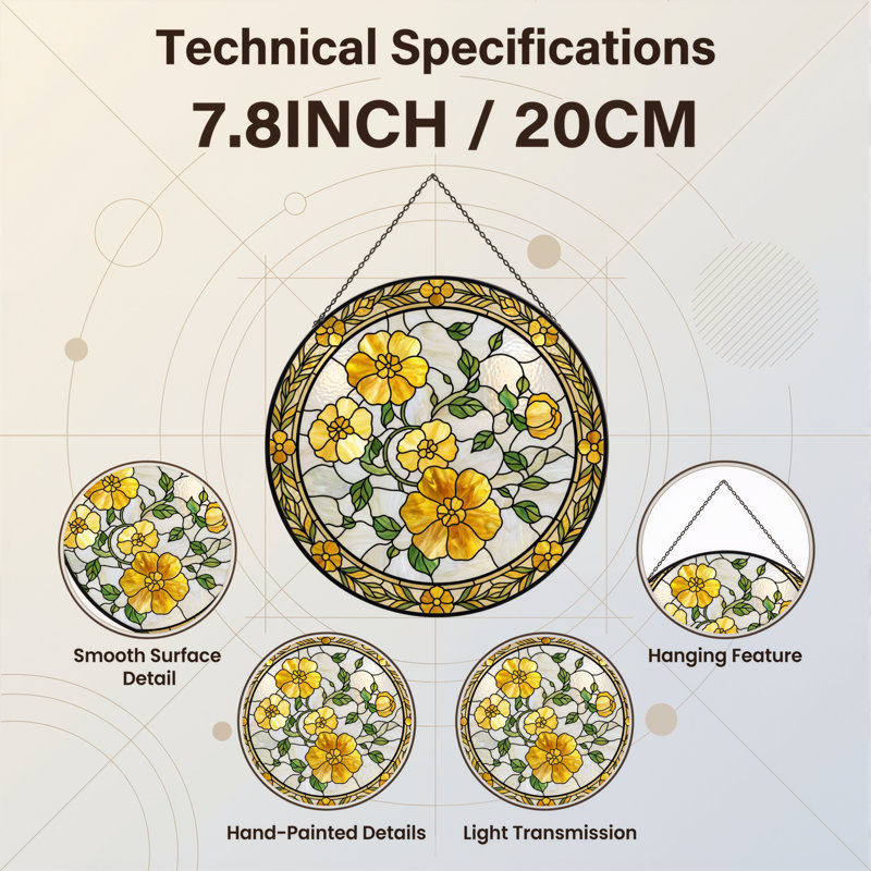 Vitrail de vitrail floral jaune H 7,8 po, H 7,8 po x l 7,8 po