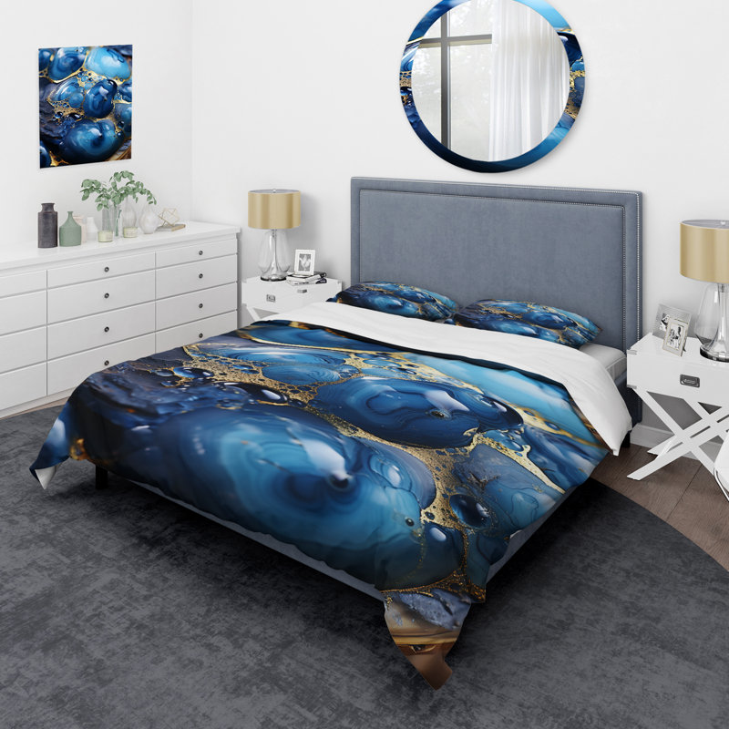 Ensemble de housse de couette abstrait doré et saphir bleu marbré I, Housse de couette pour très grand lit