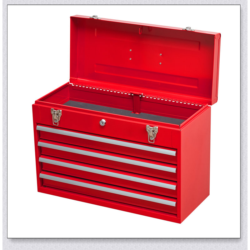 Boîte à outils en métal durable avec 4 tiroirs, coffre en acier portable, serrure à cylindre, fermeture à loquet et revêtement thermolaqué rouge pour le garage et l'extérieur