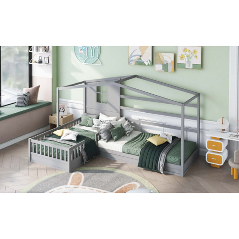 Lit en bois en forme de L, gris