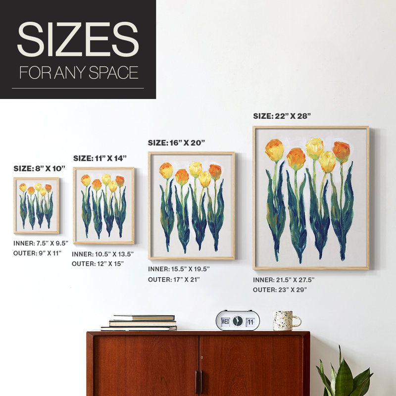 Tulipes en rang I, reproduction encadrée - bois massif, H 30 po x l 24 po