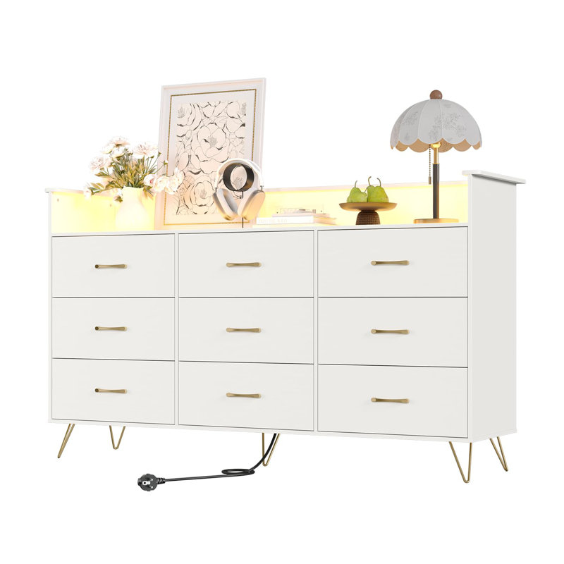 9 Drawer Dresser with App RGB LED Lights & Charging Station, Wood Storage Chest, White