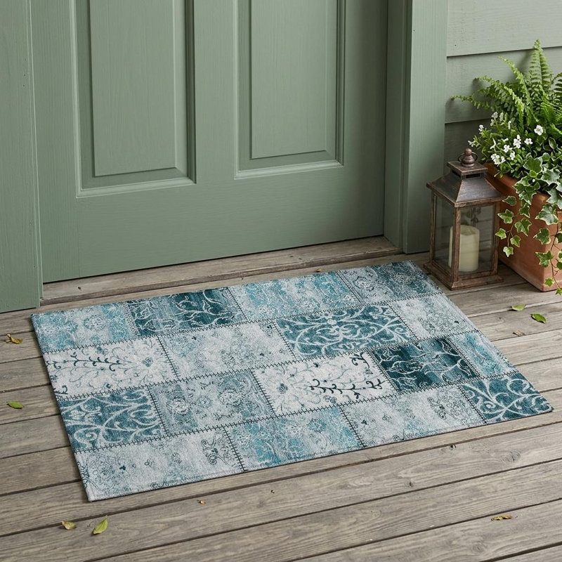 2' X 3' Teal Patchwork Washable Non Skid Indoor Outdoor Area Rug