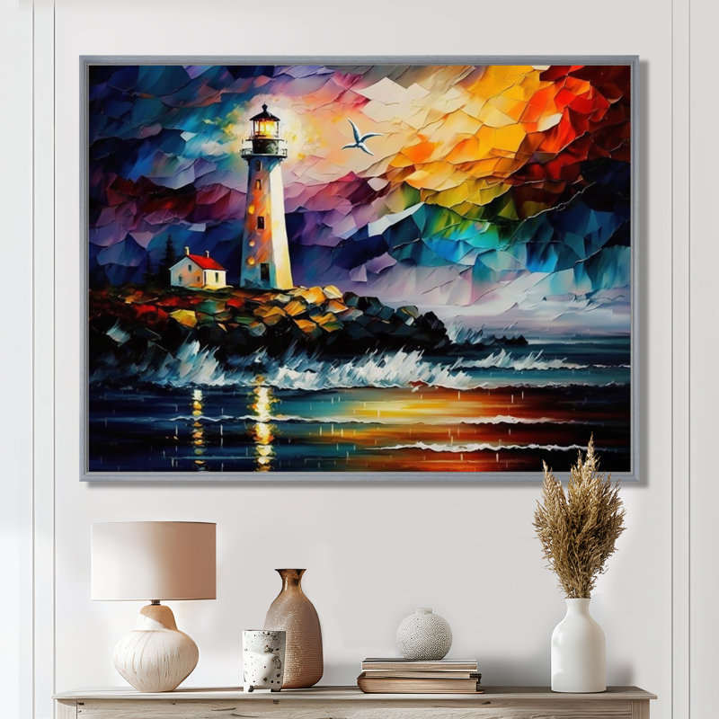 Phare par l'océan V - art mural Coastal Light House, H 12 po x l 20 po x P 1 po, Encadrement argenté