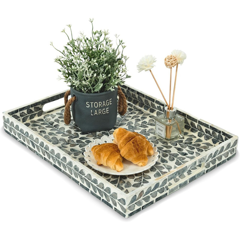 Rectangular Lacquer Mother Of Pearl Inlay Tray, Wooden Decorative Tray With Handles For Tea, Breakfast, And Table