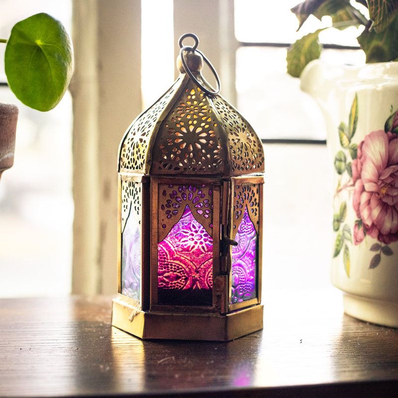 Lanterne hexagonale midi mauve et rose