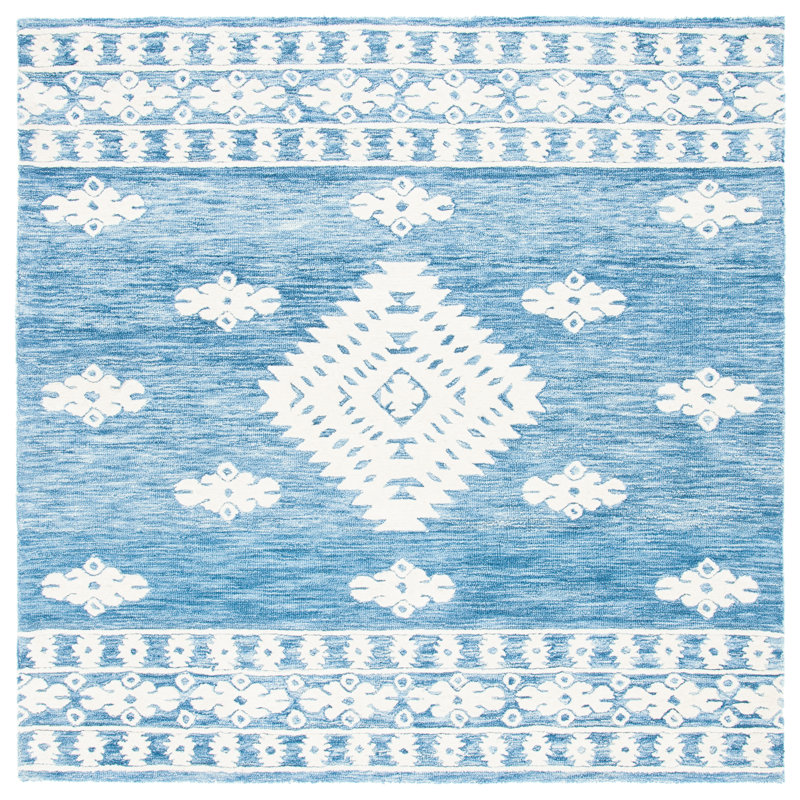 Hand Tufted Wool/Cotton Southwestern Rug in Blue, Square 7'