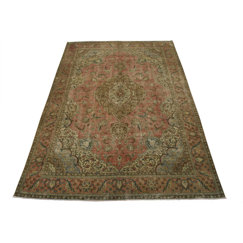 Tapis noué à la main en laine rose vieilli 9 pi 5 po x 12 pi 6 po Tabriz