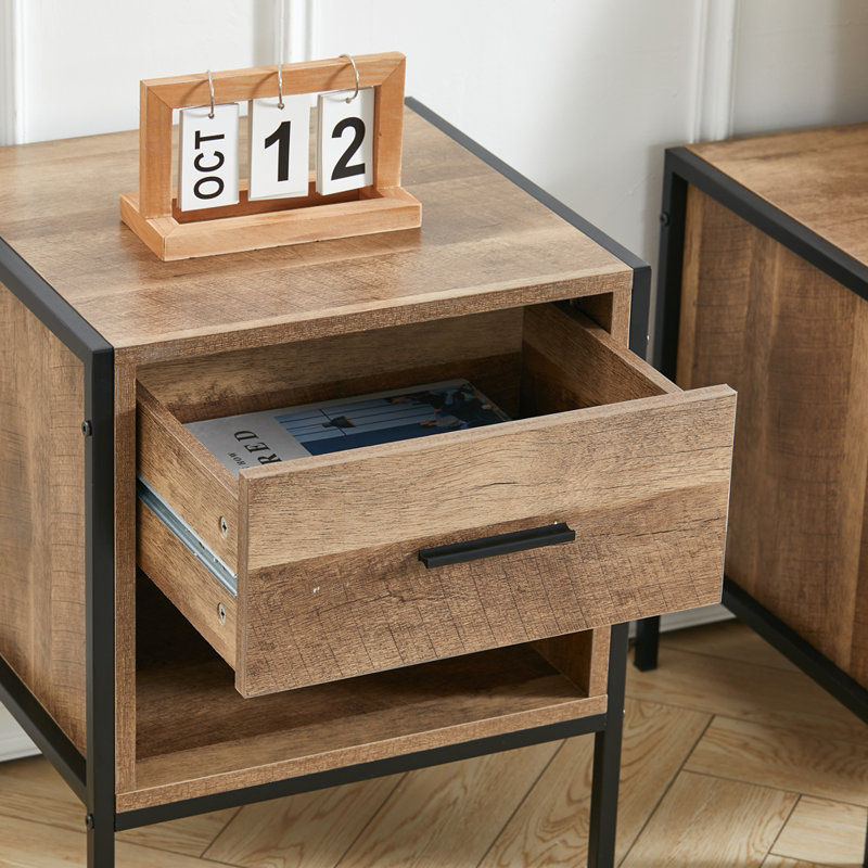 Industrial Nightstand with Drawer & Open Compartment