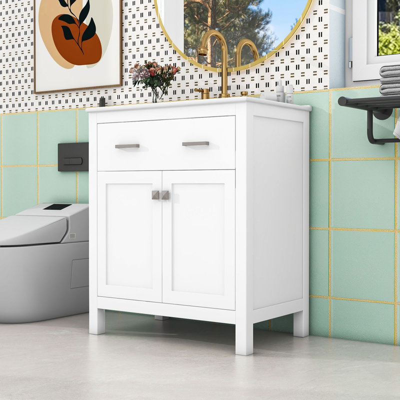 Meuble-lavabo de 30 po avec lavabo en céramique, armoire à fermeture en douceur et options de rangement polyvalentes, Blanc