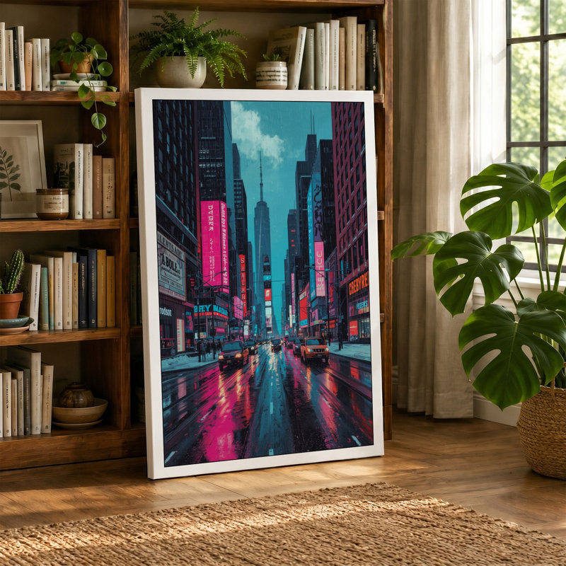 Neon City Rain Modern - Wrapped Canvas, 36x24 - 91.4 x 61.0 cm, Terracotta Border