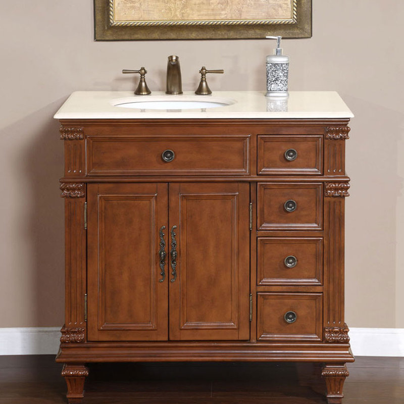 Albieris 36'' Single Bathroom Vanity with Top, Sink on the Left, Cream Marfil Marble Stone