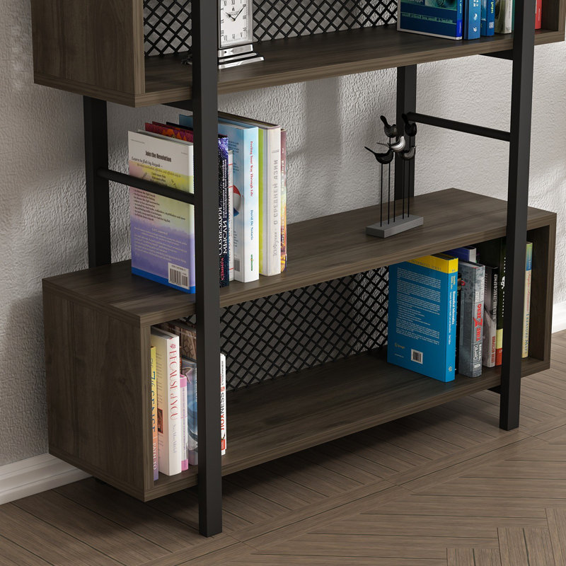 Bibliothèque industrielle moderne avec structure et pieds en métal, finition noyer, 35,4 x 9,8 x 63,0 pouces | Panneau de particules enduit 100% mélamine, conception robuste, nombreuses tablettes, fixation murale | Solution de rangement élégante pour