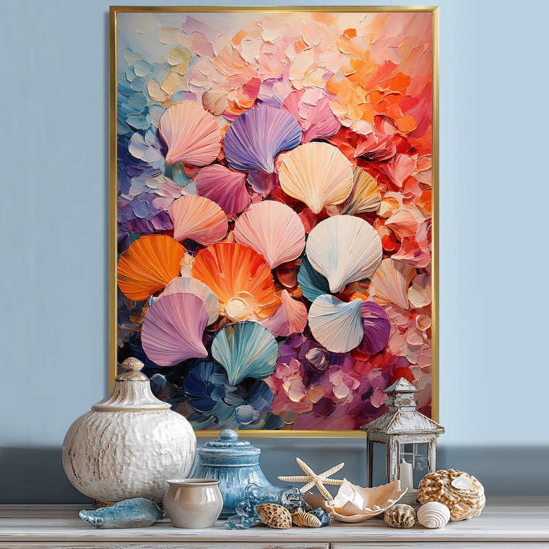«Seashells Wonders On The Coast On», reproduction sur toile, Cadre flottant doré, H 32 po x l 16 po x P 1 po