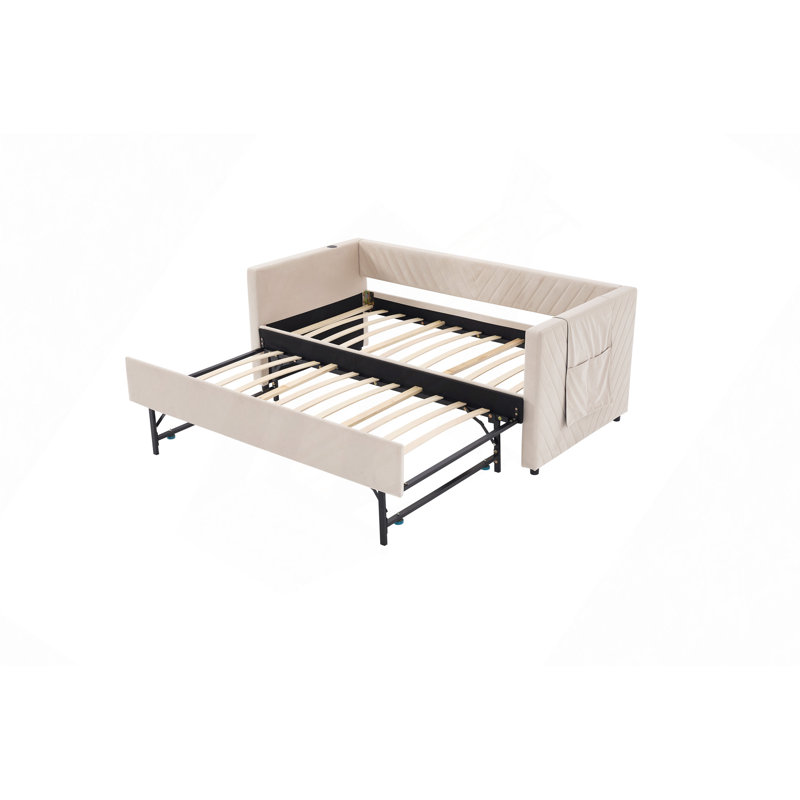 Upholstered Daybed With Trundle,USB Port ,Side Pockets, V-Grained Backrest Design,No Box Spring Needed, For Bedroom, Guest Room