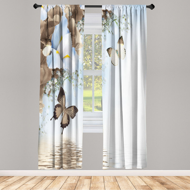 Microfiber Floral Semi-Sheer Rod Pocket Curtain Panels, 28" W x 84" L, Brown/Light Blue