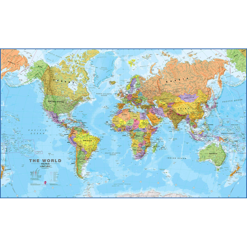 Large World Wall Map Political - Art Print on Paper, 84.1cm H x 118.9cm W x 0.5cm D, Unframed Paper