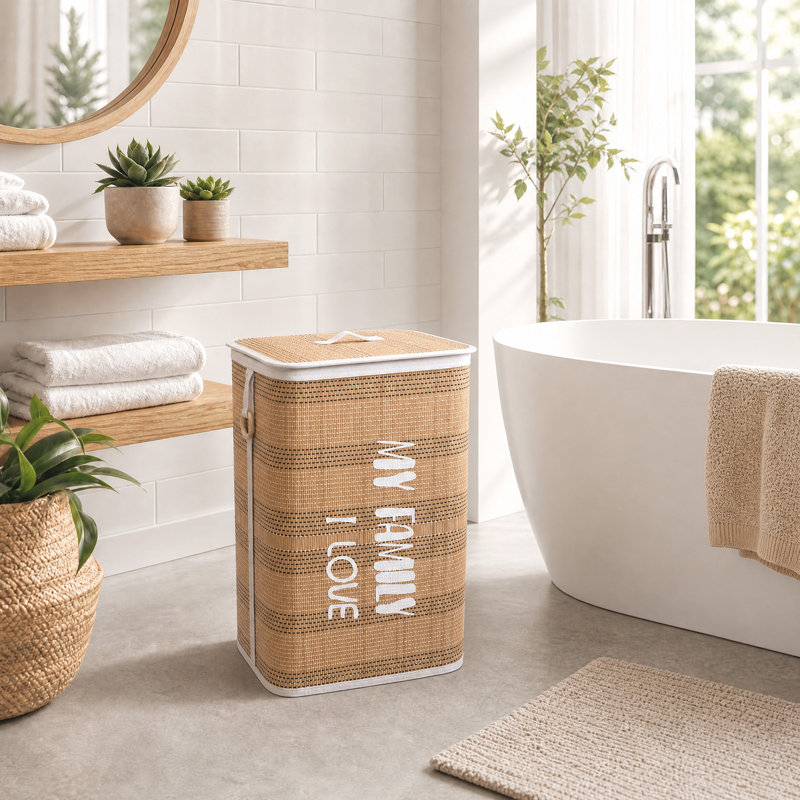 40 x 30 x 60 cm Square Laundry Basket with Lid, Collapsible Bamboo Hamper with Carry Handles and Reinforced Frame, Space Saving Washing Storage Bin for Bedroom and Bathroom, Yellow