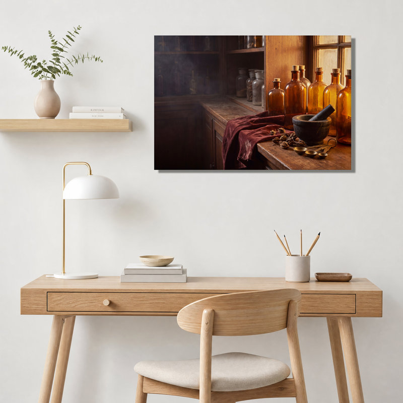 «Amber Glass Bottles and Mortar» sur toile de table en bois, art mural, 20"H x 30"W